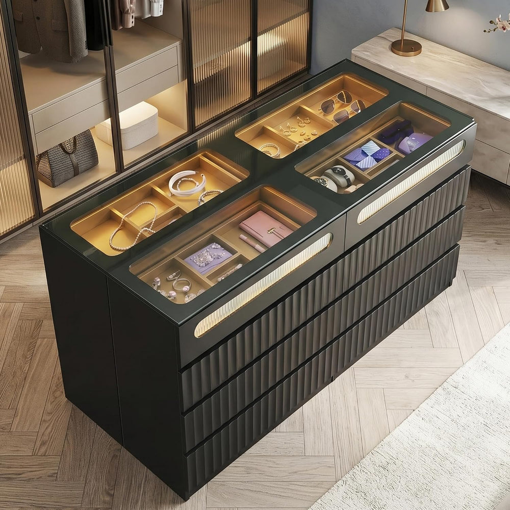 Modern 16 Drawer Wardrobe Armoire,Fluted Island Dresser Bedroom,Black