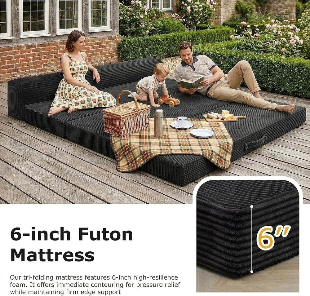 6 inch Tri-Folding Mattress Queen Futon Sofa Bed, Convertible Foldable Mattre...
