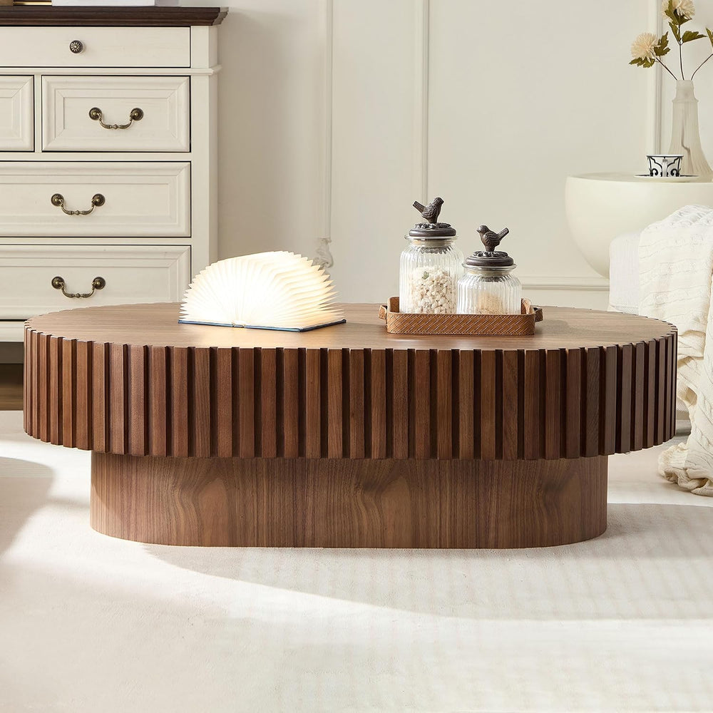 Oval Coffee Table for Living Room Fluted Coffee Table with Pedestal Modern Ha...