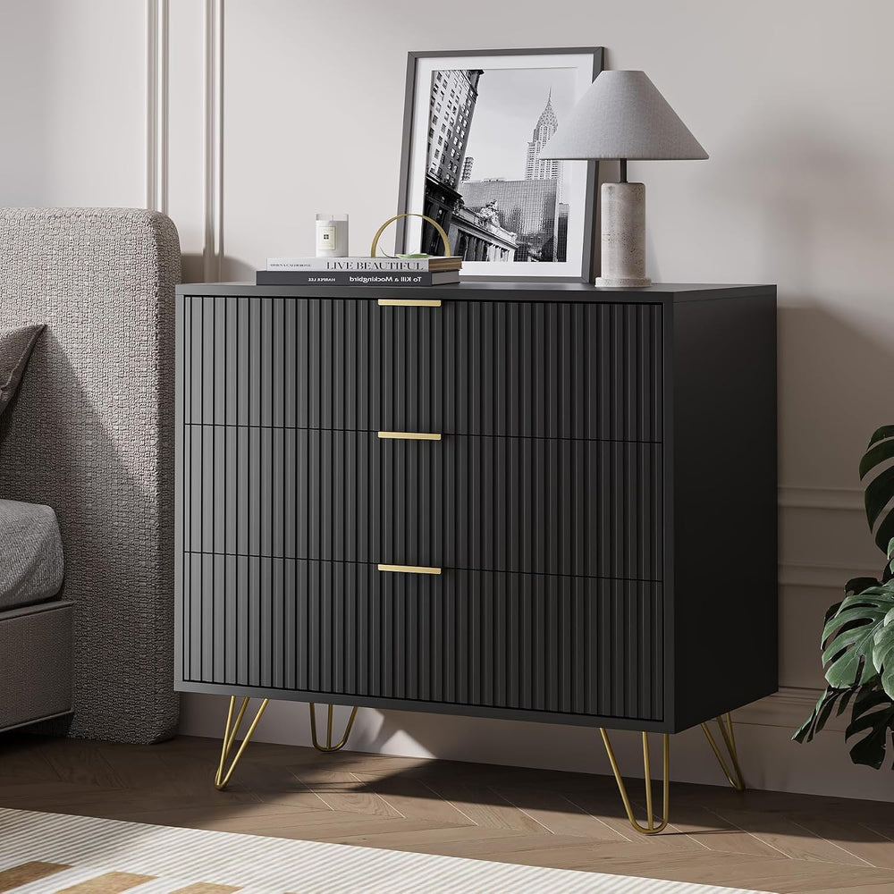 Black 3 Drawer Dresser for Bedroom, Fluted Dresser with Gold metal Handles