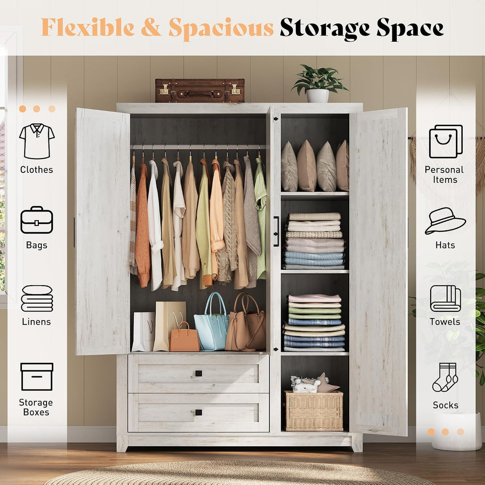 AMERLIFE Farmhouse 3 Door Wardrobe Closet with 2 Drawers & Hanging Rod