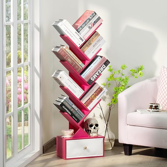 8 Tier Tree Bookshelf with Drawer, Free Standing Wood Bookcase for Narrow Spa...