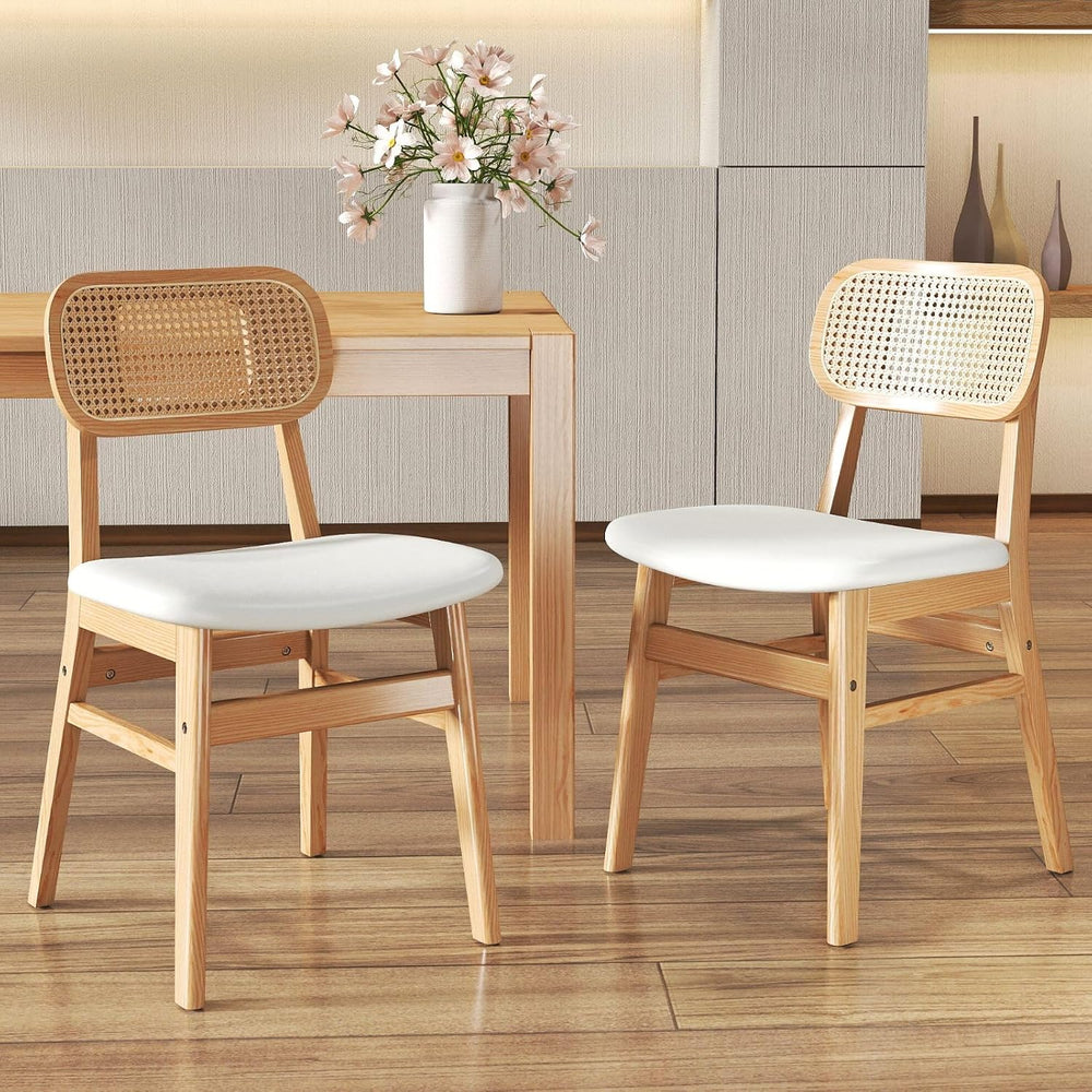 Rattan Dining Chairs Set of 2 Beige Linen Fabric Dining Room Chairs Natural W...