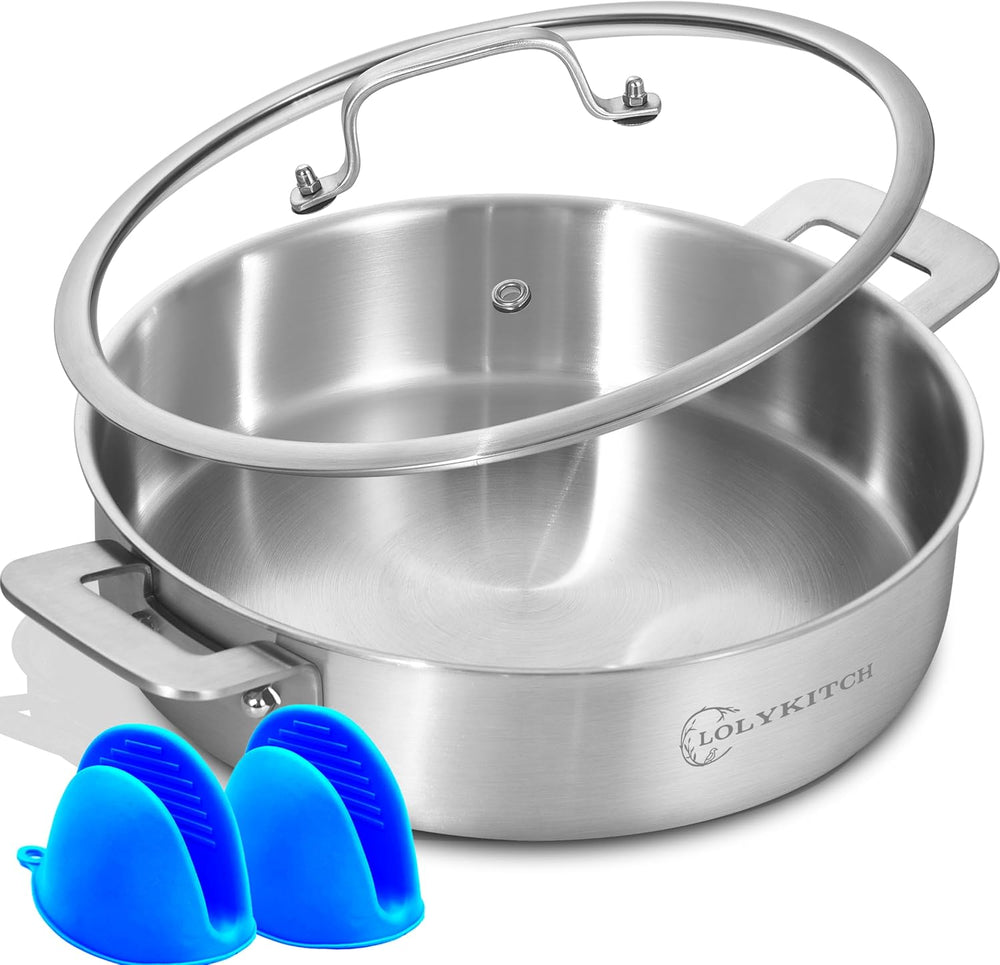 LOLYKITCH Sauté Pan, 6QT Tri-Ply Stainless Steel Deep Cooking Pan, 12 Inch