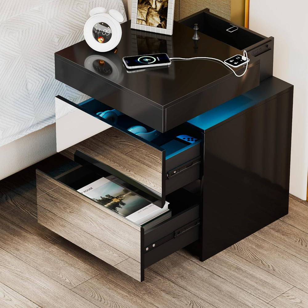 LED Mirrored Nightstand with Charging Station, Bedside Table, Black