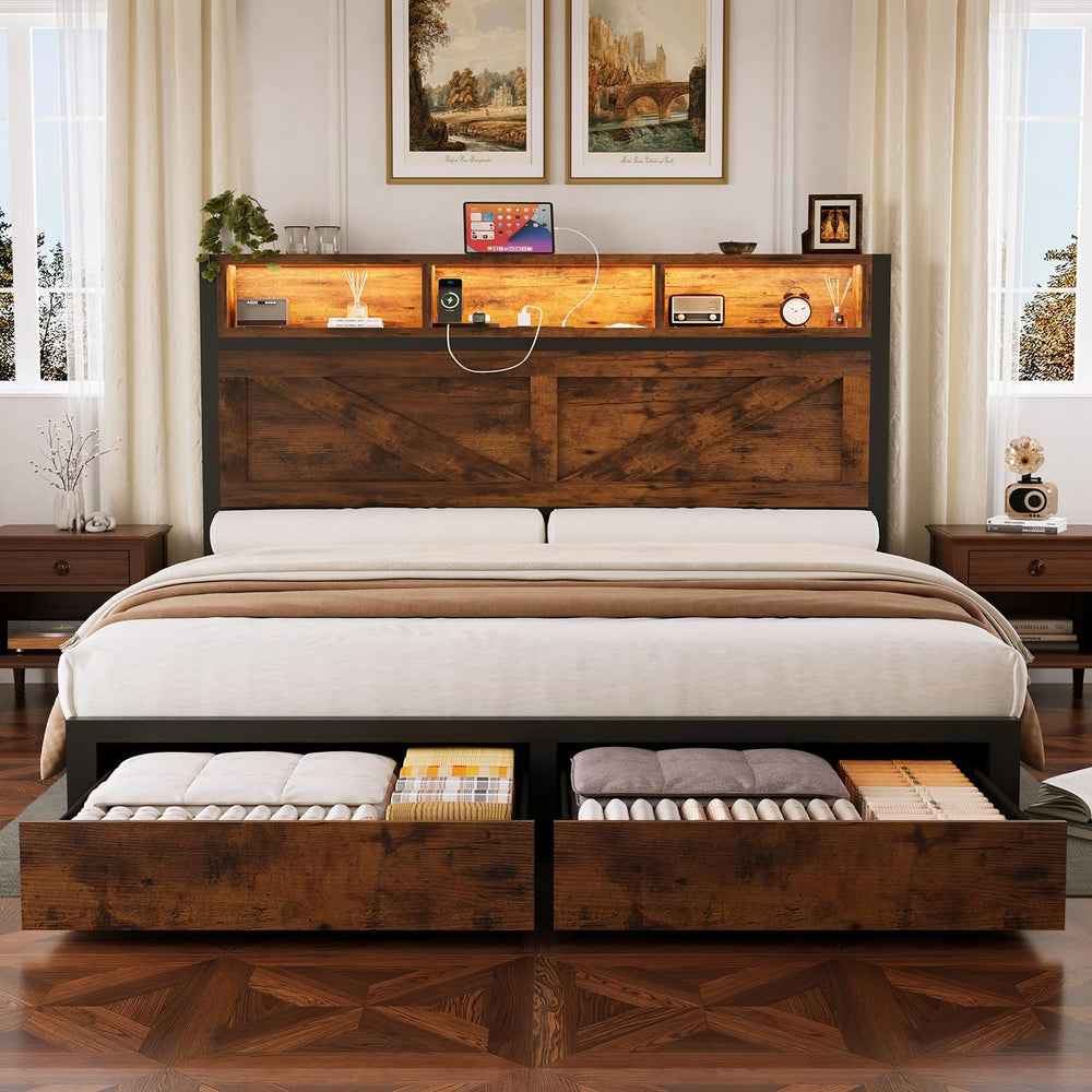 Farmhouse Full Bed Frame with Bookcase Storage Headboard, Charging Station, L...