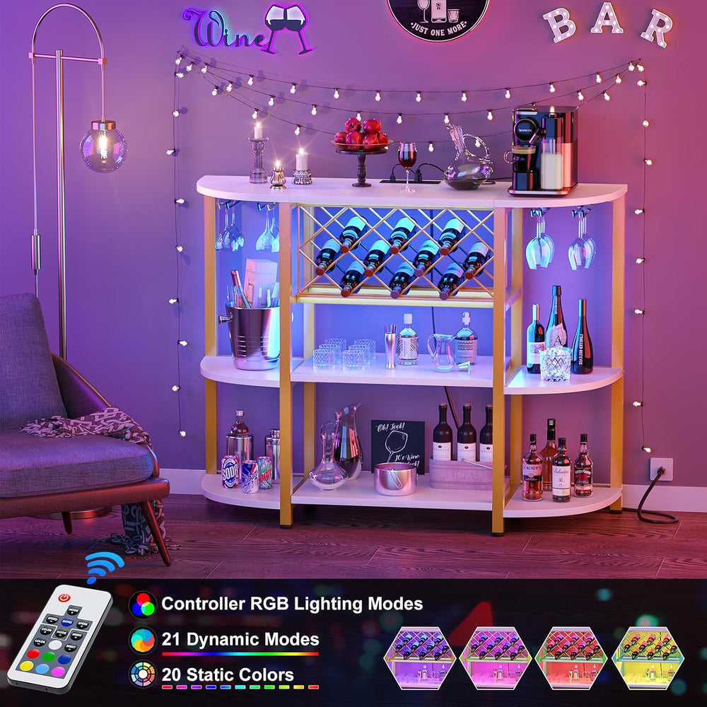 Unikito 4-Tier Coffee Bar Cabinet with Outlet, LED Light & Glass Holder |...