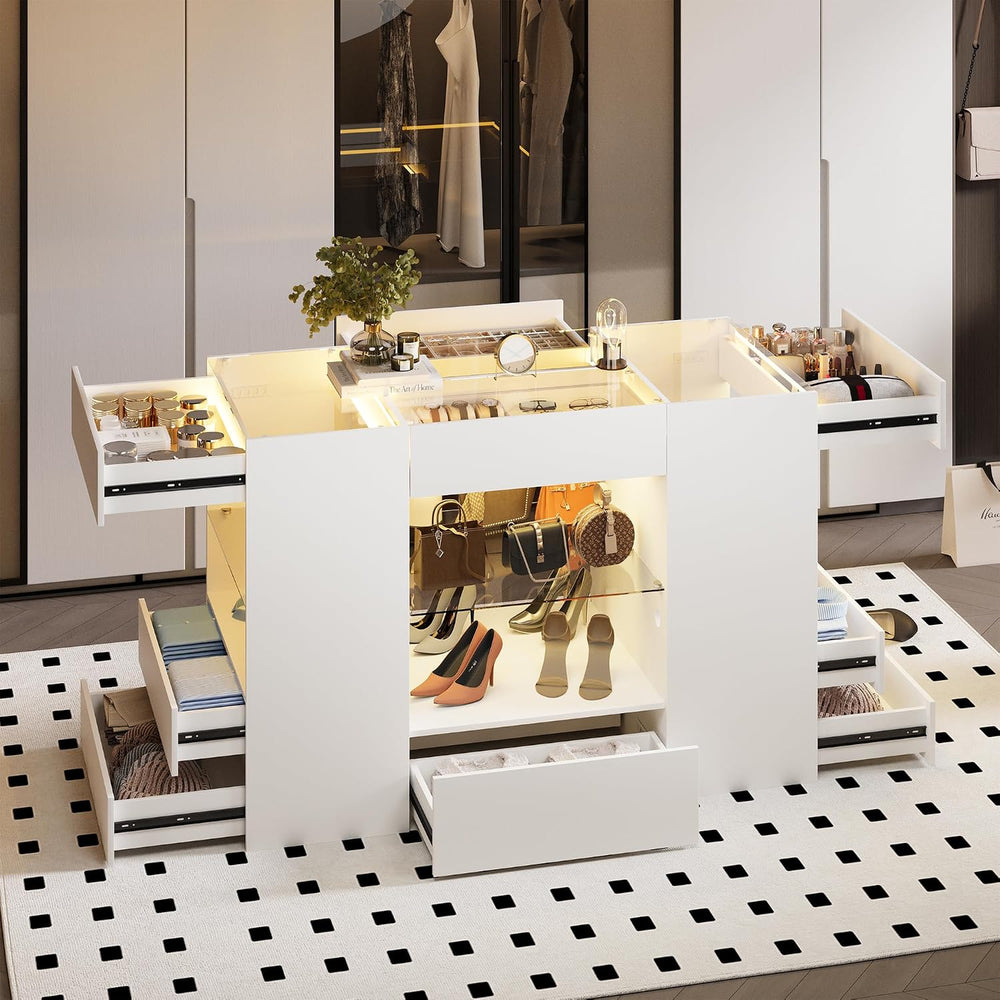Modern Closet Island with 10 Drawers with LED (White)