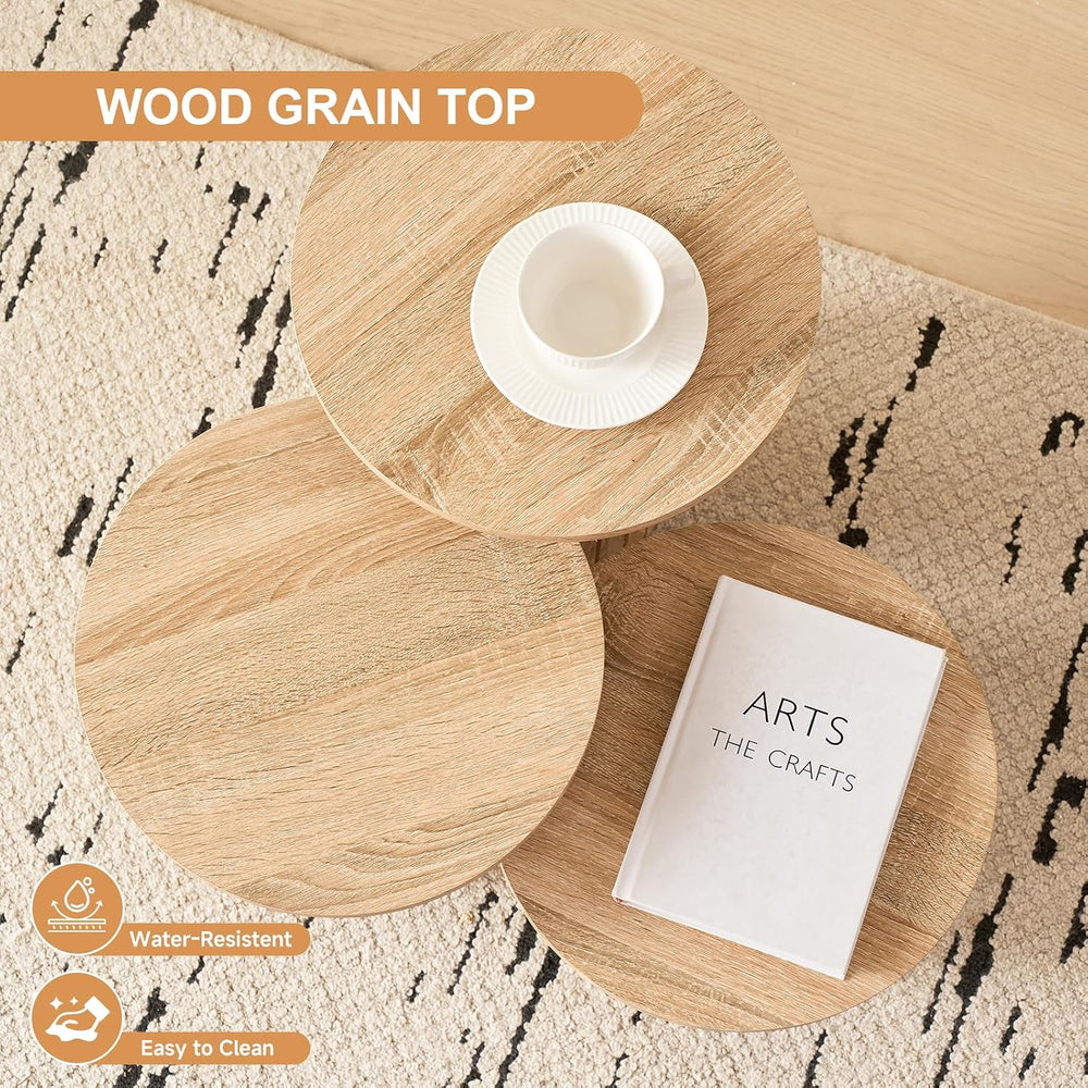 3-Piece Nesting Coffee Table Set, Modern Small Round Wood Side Tables, Fluted...