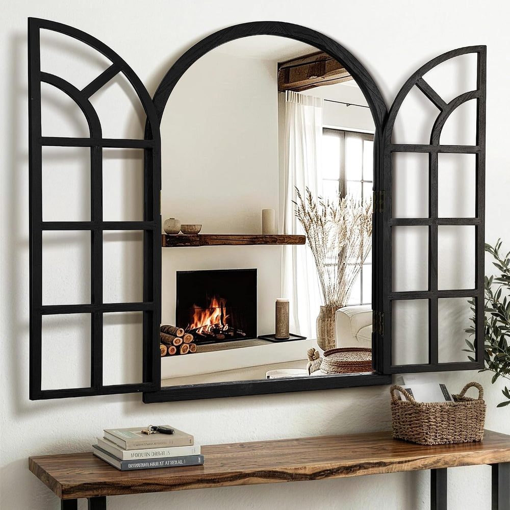 Arched Wall Mirror with Windowpane, 26"x38" Black Wood Mirror for Wall