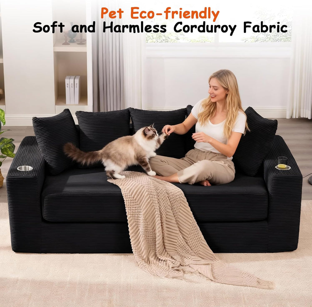 76" Convertible Sofa Bed, Corduroy Boneless Couch with Cup Holders &...