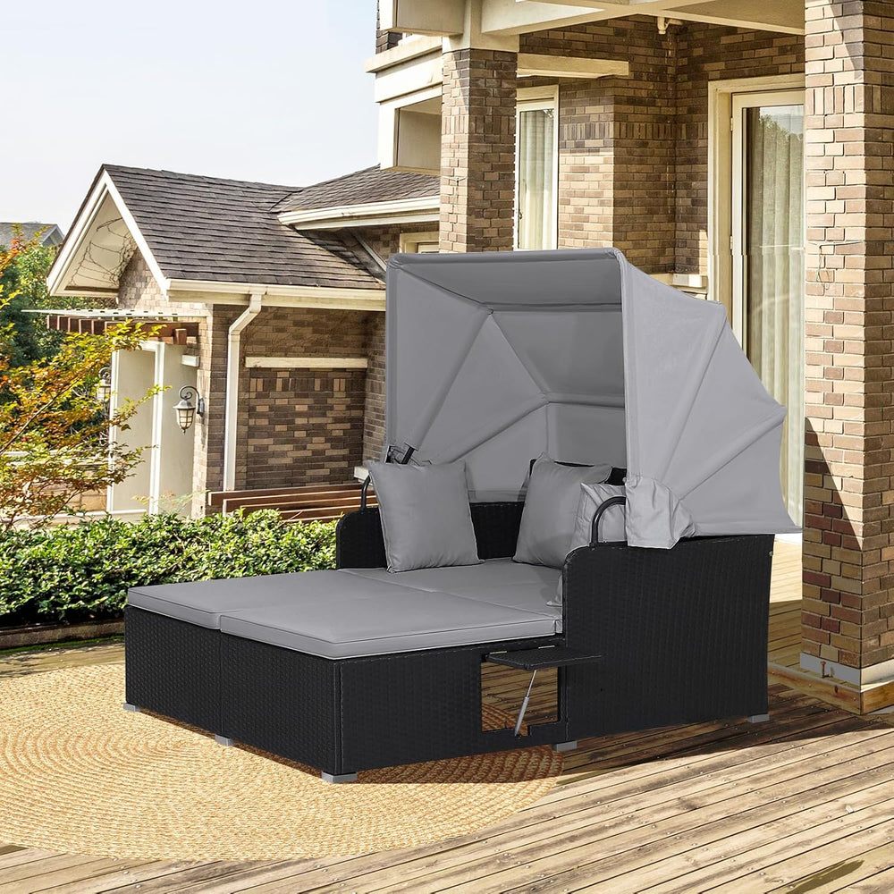 HAPPYGRILL Outdoor Wicker Lounge Daybed, Hand-Woven PE RattanDaybed, Patio Lo...