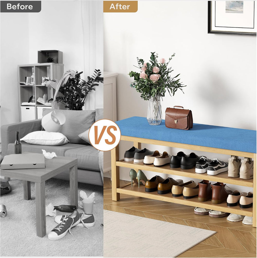 2 Tier Shoe Rack Bench with Cushion, Rubberwood Shoe Benches, Mid-Century Mod...