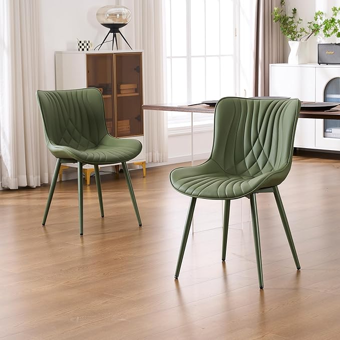 YOUTASTE Upholstered Leather Dining Chairs Set of 2 All Olive Green, Mid Cent...