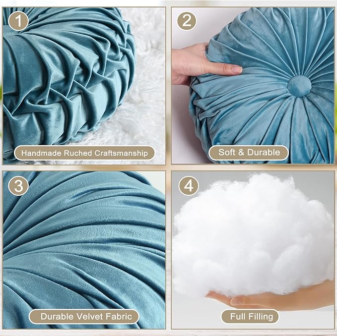 HIG Set of 2 Dusty Blue Ruched Velvet Round Throw Pillows – 14.5’’ Decorative