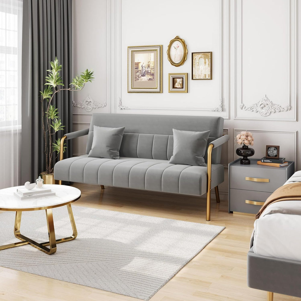 Yaheetech 56.5" Small Sofa 2 Seater Couch with Gold-Tone Legs, Light Gray