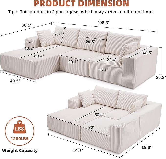 108” Modular Sectional Sofa, Cloud Sectional Couch with Deep Seat, Modern Mod...
