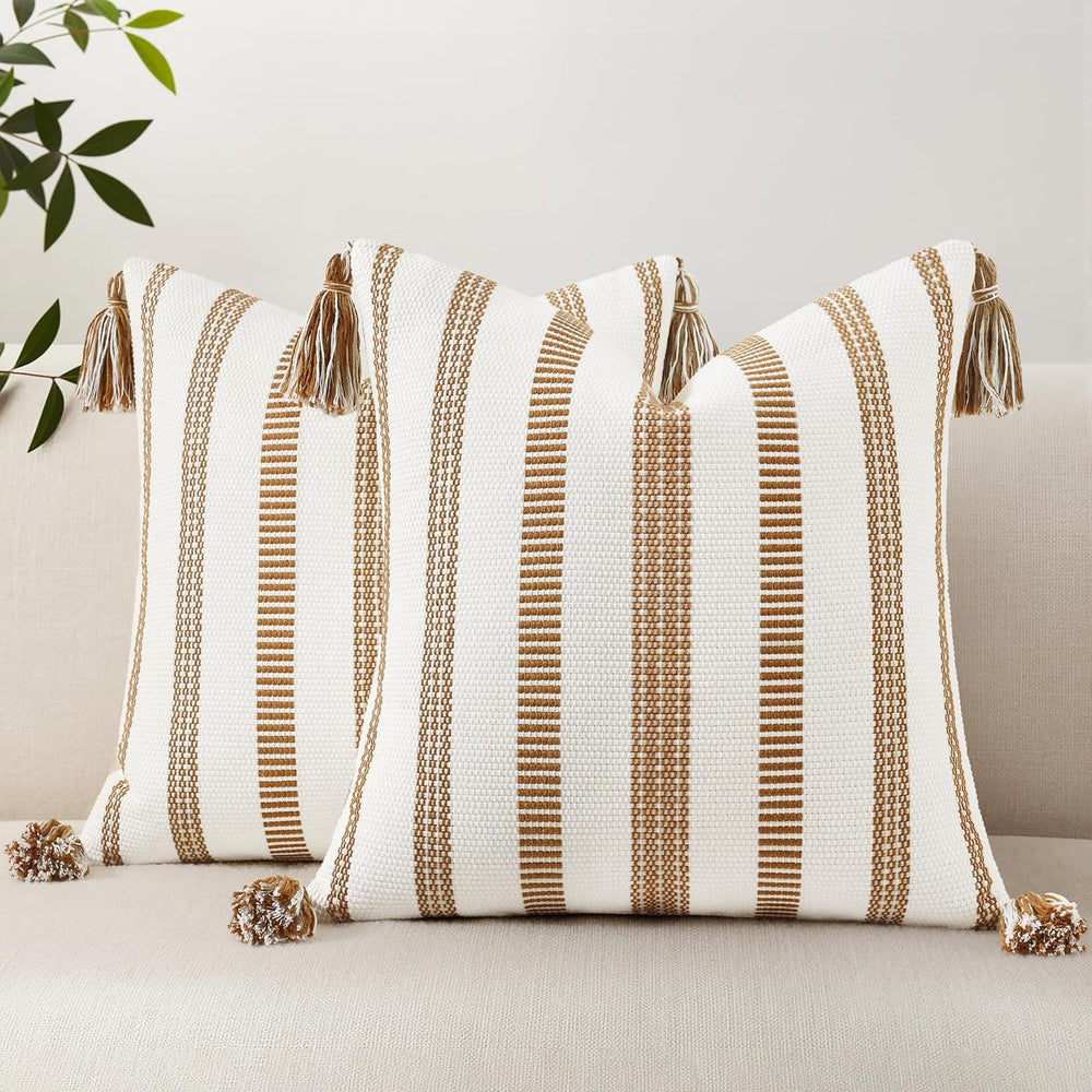 Smile Bee Outdoor Striped Pillow Covers 18x18 Set of 2 Brown and White