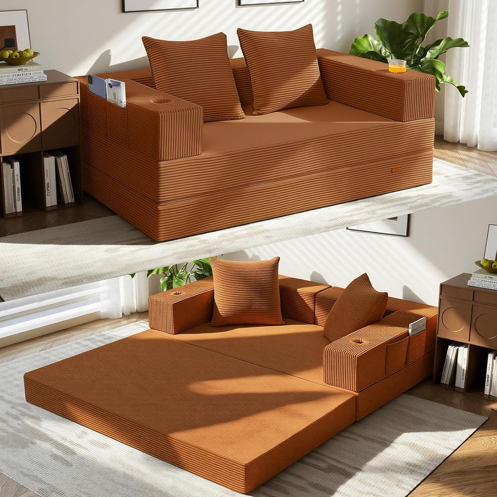 COMAX Boneless Futon Sofa Bed, 59" Small Low-Profile Floor Couch, Orange