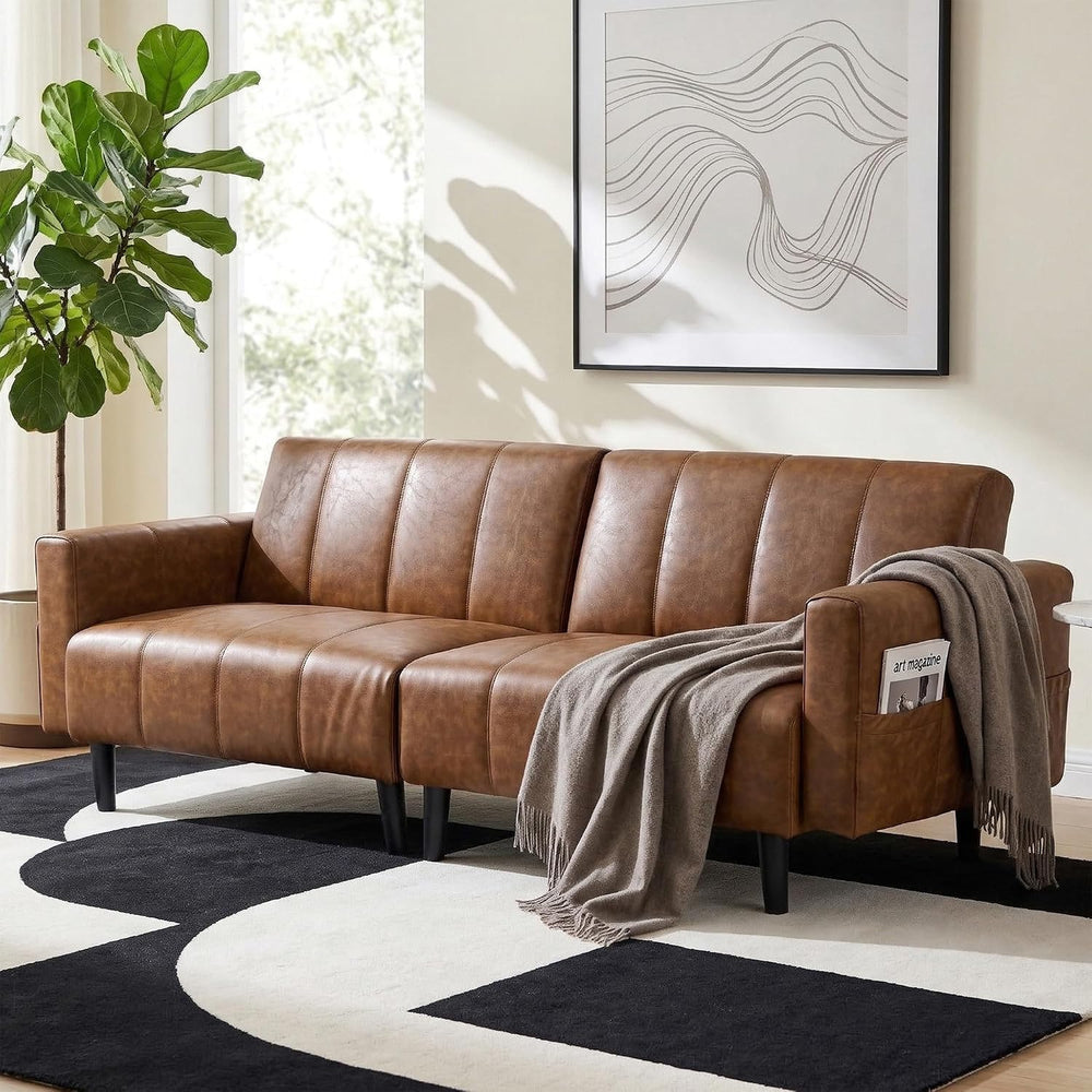83" Mid Century Modern Faux Leather Sofa, Brown Leather Futon Sofa