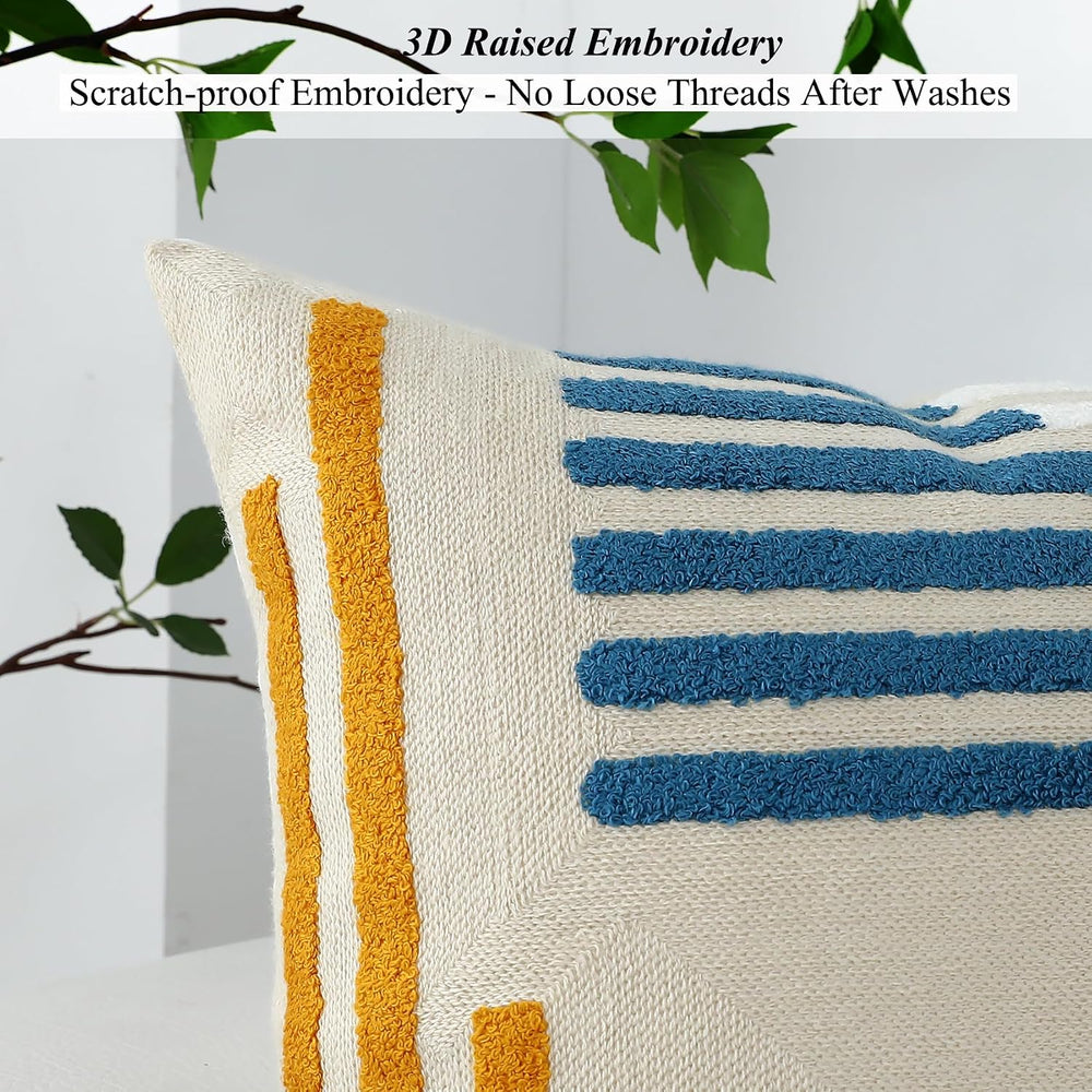 Yellow Blue Modern Tufted Embroidered Pillow Covers 18x18 Set of 2