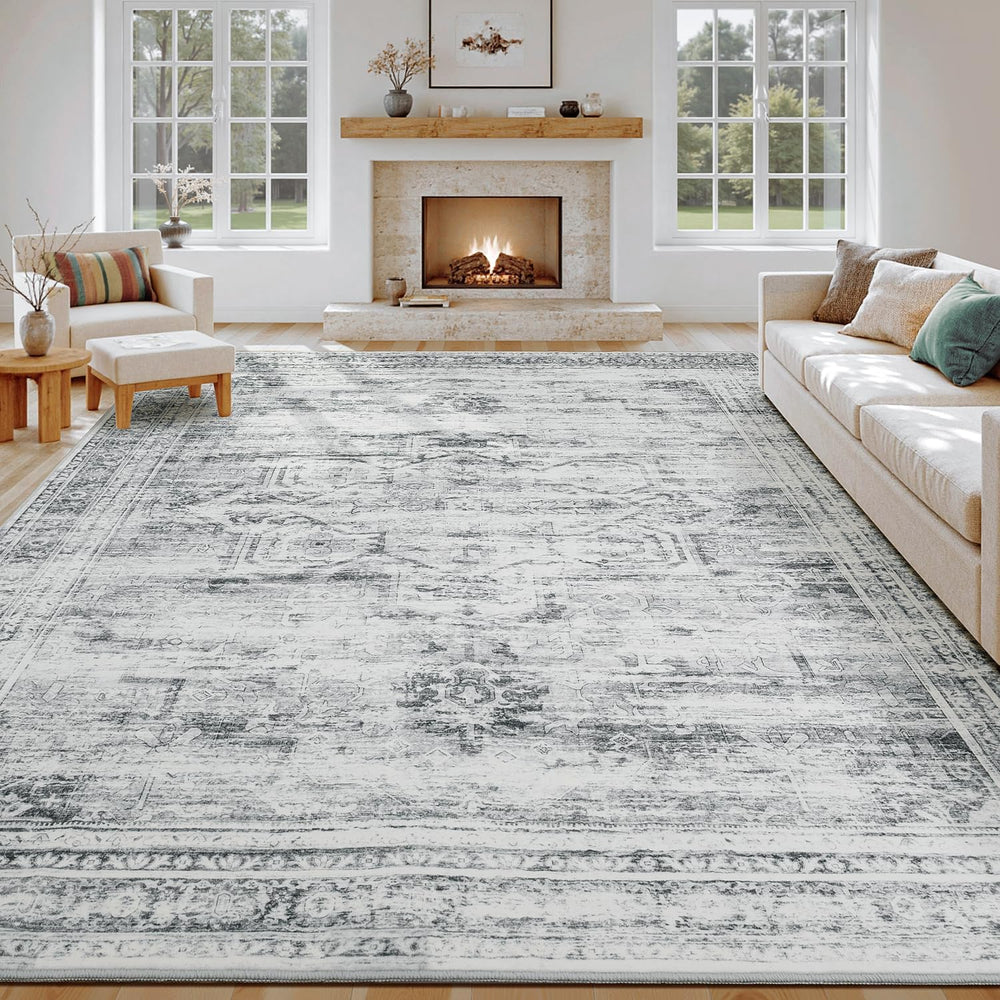 8x10 Area Rugs for Living Room, Washable Vintage Rug, Grey White