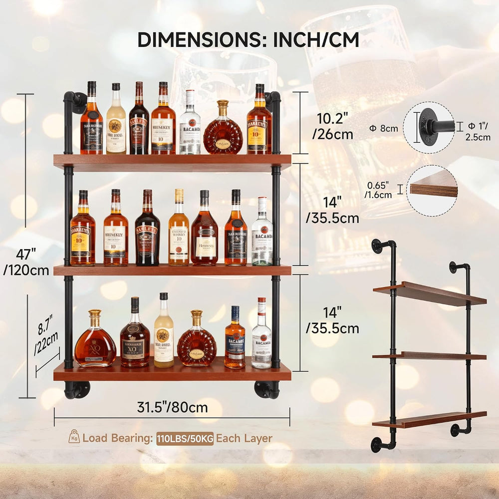 32" Wine Rack Wall Mounted with LED Lights, 3-Tiers Wall Bar Shelves | S...