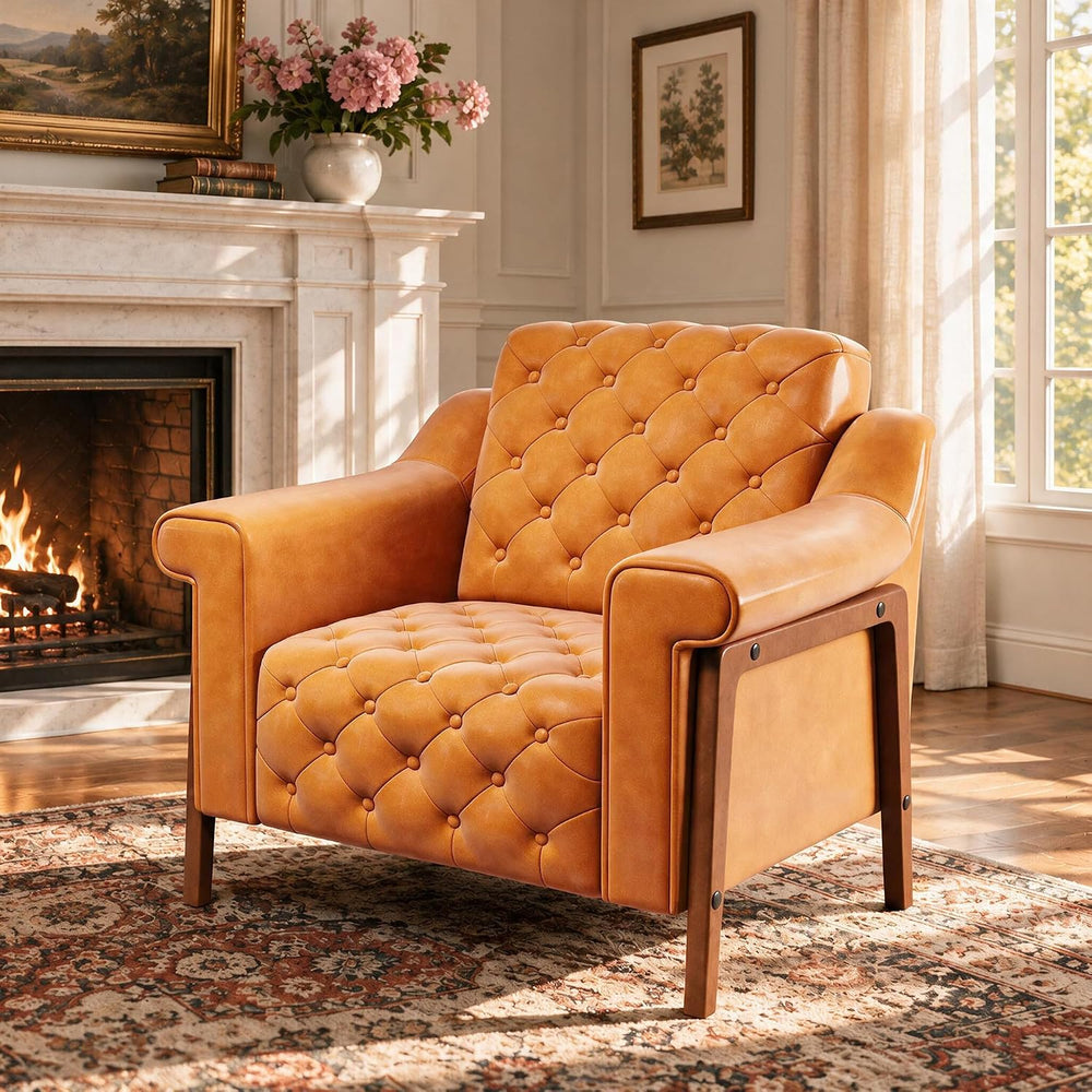 EJUNQ Faux Leather Accent Chair, Mid-Century Modern Armchair, Retro Upholster...