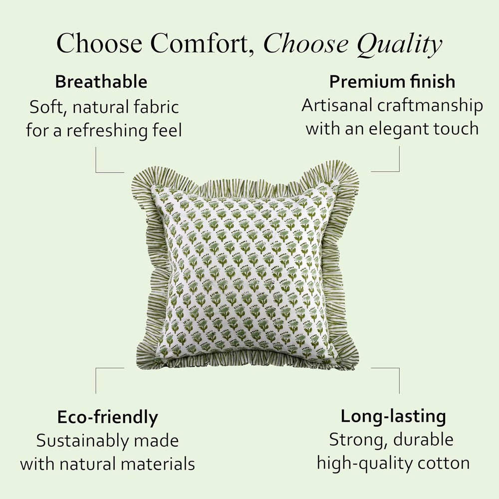 CPC Emerald Green Block Print Ruffle Pillow Cover 18x18 Inch, Pack of 2