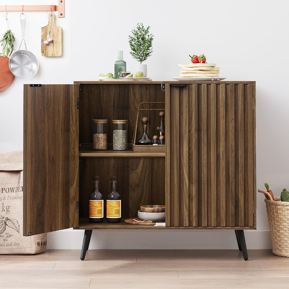 Smuxee Fluted Sideboard Cabinet, Freestanding Walnut Buffet Cabinet with Adju...