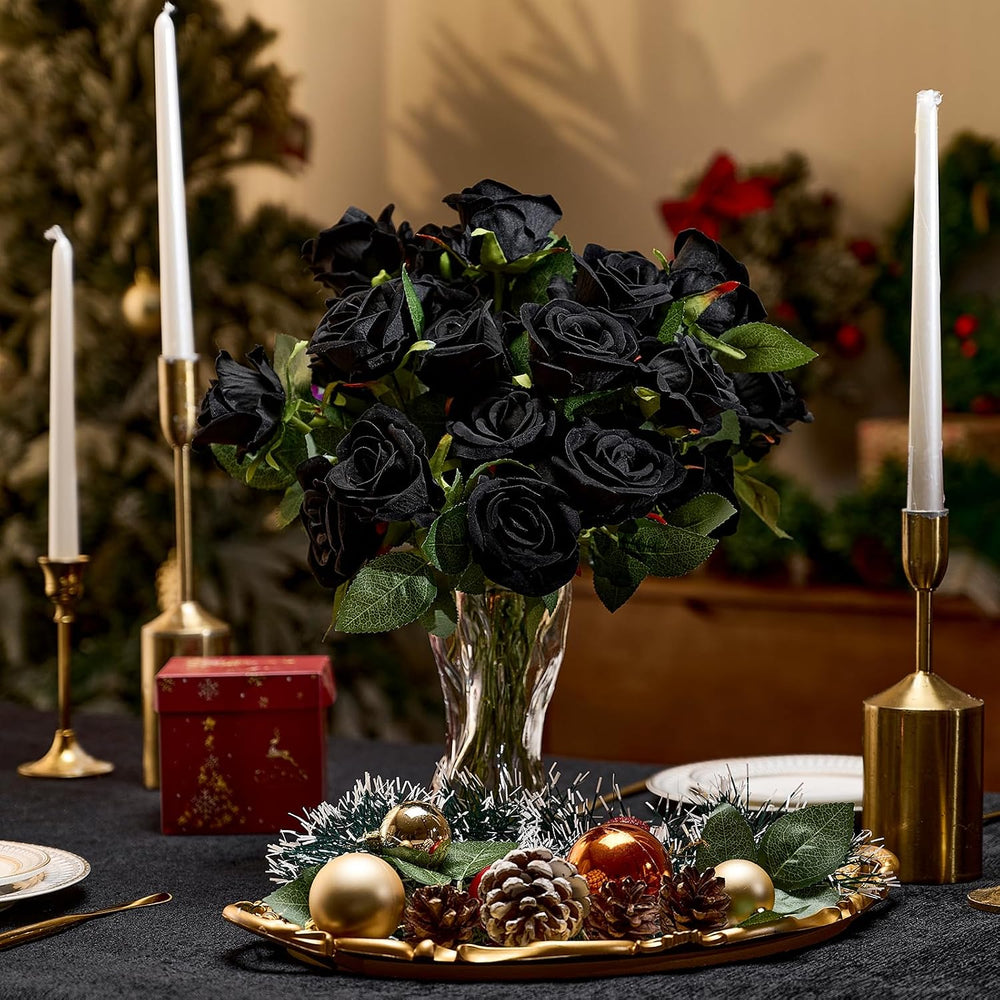 AmyHomie 48 PCS Black Roses, Velvet Realistic Fake Flowers w/Stems