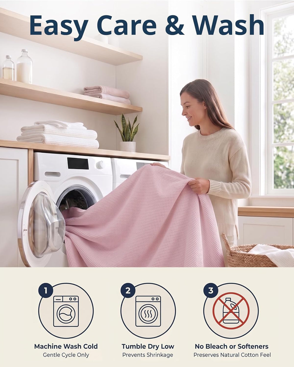 LANE LINEN Queen Blanket for Bed, 100% Cotton Waffle Weave - Cherry Blossom