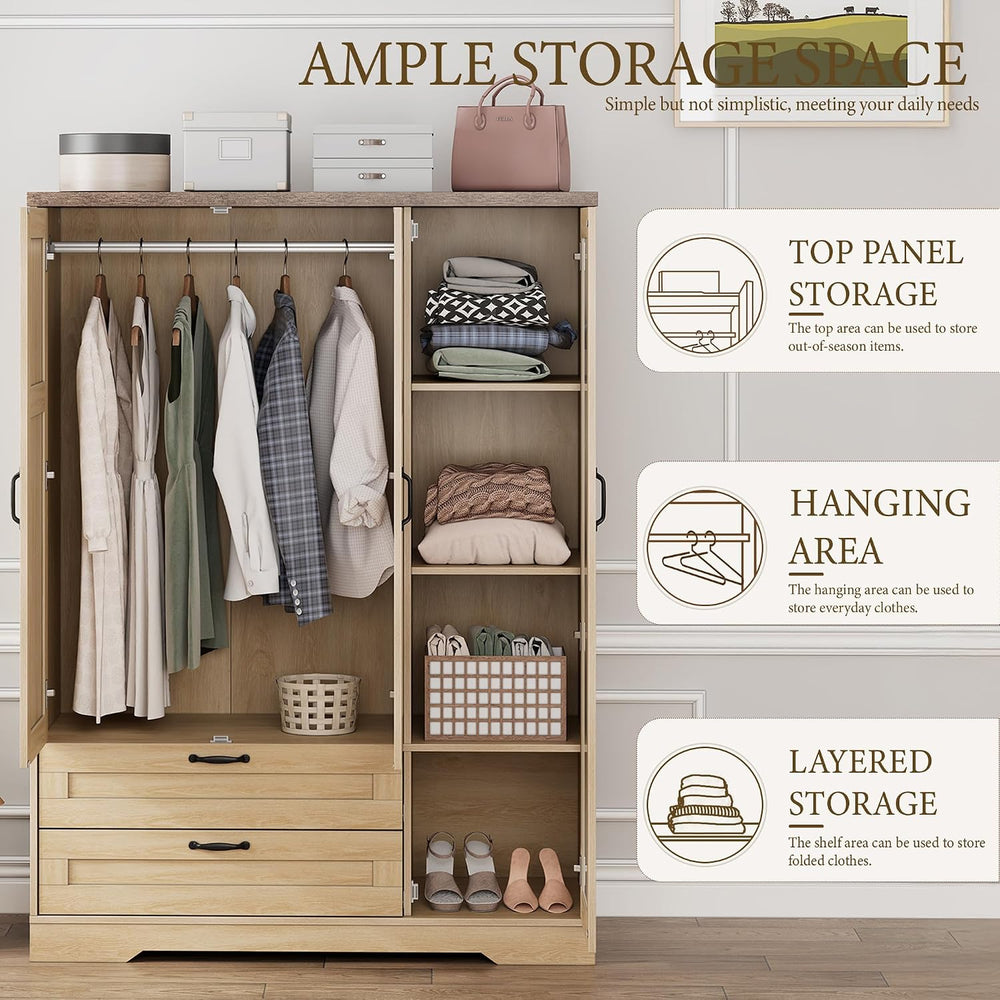 Brafab 62" Wooden Armoire Wardrobe Closet with Mirror, Natural, 3 Doors