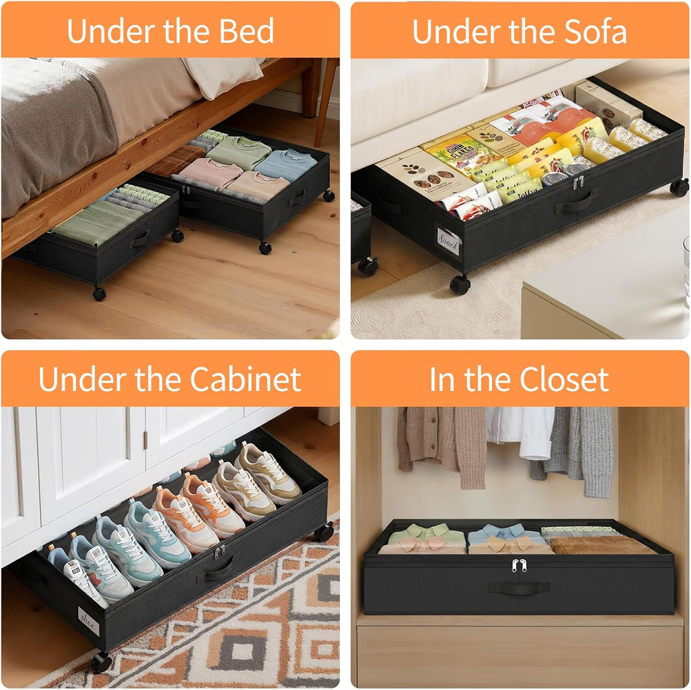 Yecaye 80L Large Under Bed Storage Containers with Wheels, 2 Pack, Black