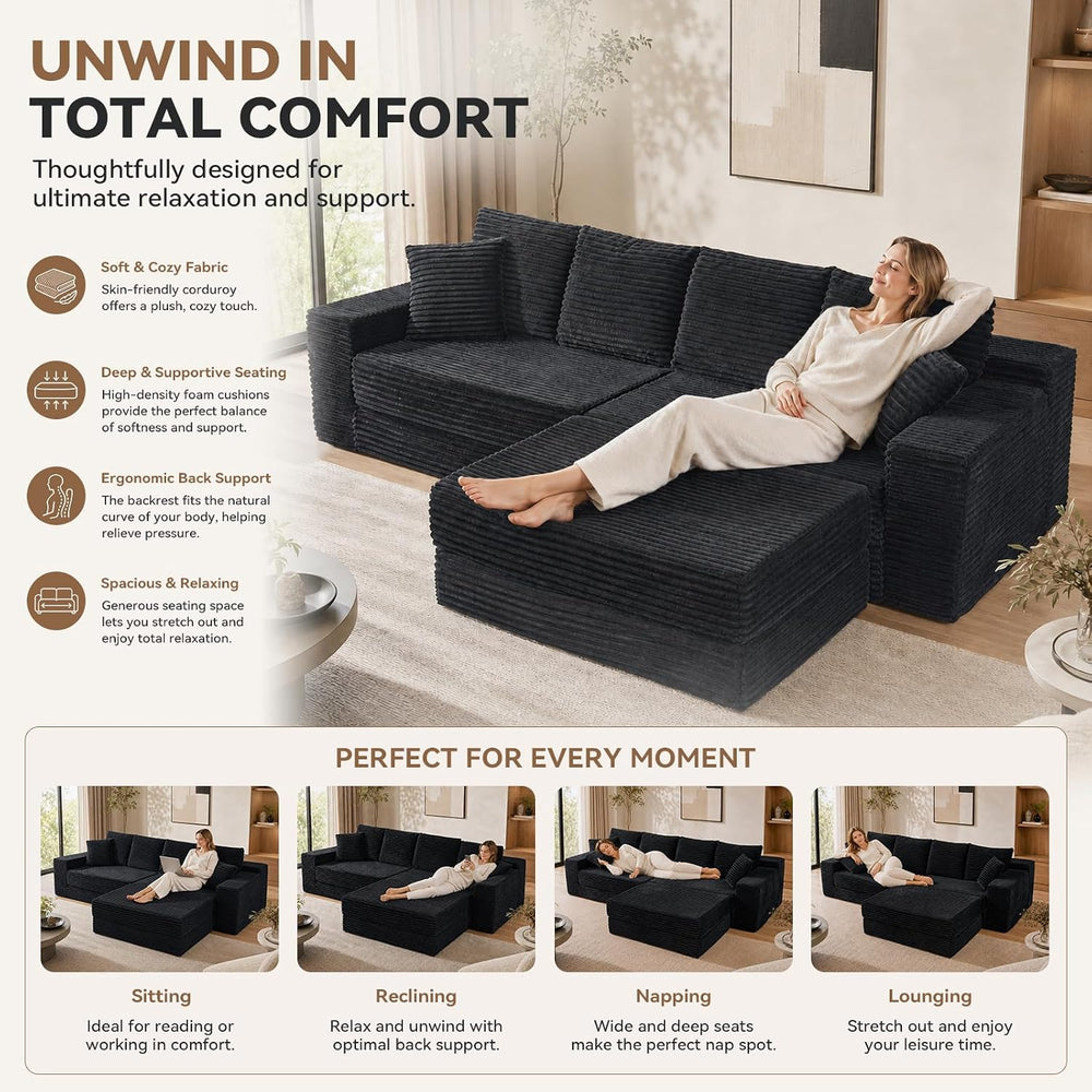 106'' Convertible Futon Sofa Bed, Boneless Couch for Living Room, Black