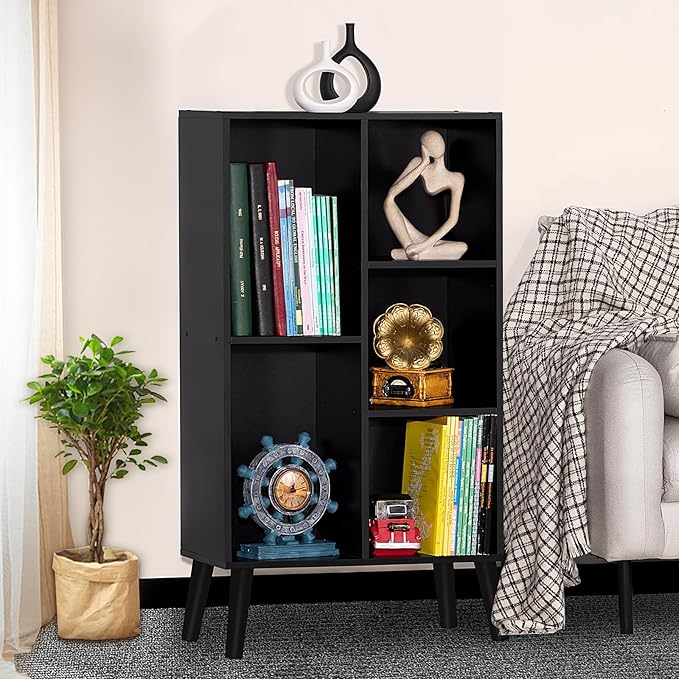 YAHARBO Small Black Narrow Bookshelf,3 Tier Modern Bookcase with Legs,Bookshe...