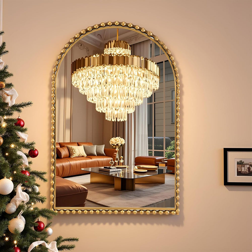 24"x36" Antique Gold Arched Bathroom Mirror, Bold Beaded Frame