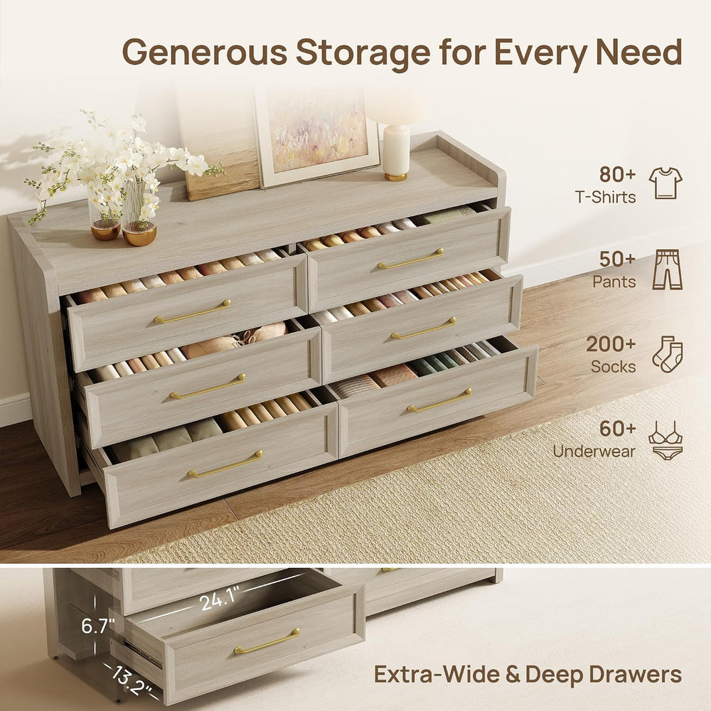 SICOTAS 6 Drawer Dresser for Bedroom-56.4" Extra-Wide Wood Chest of Drawers