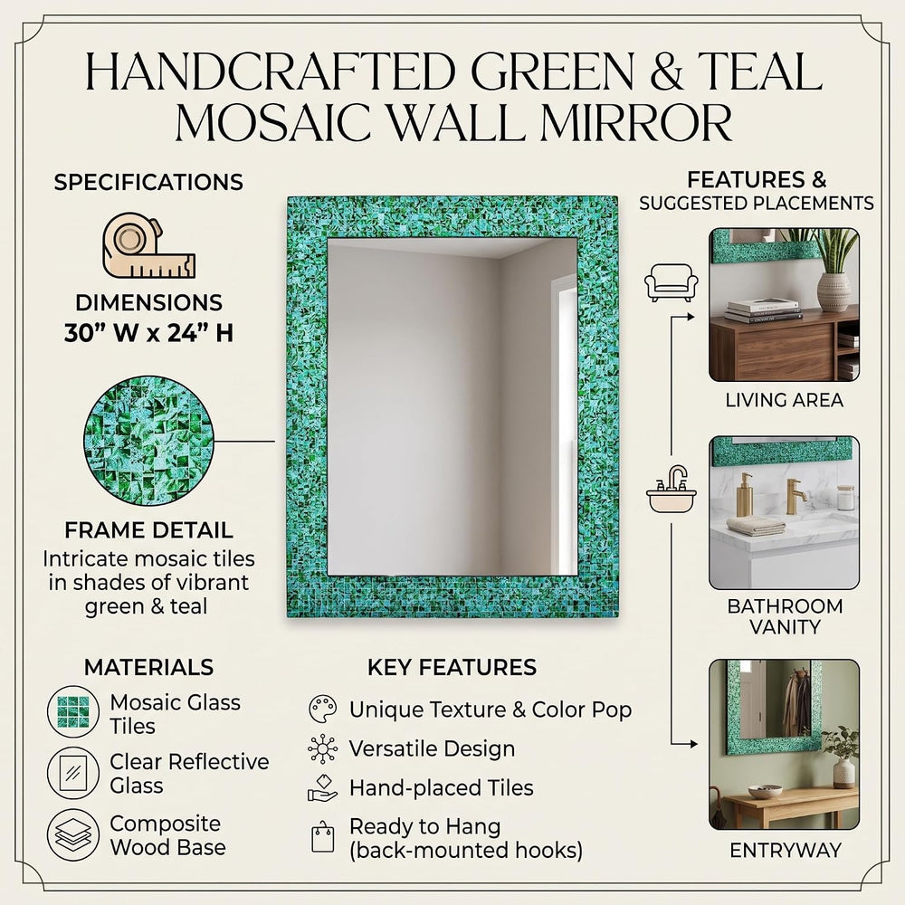 30" x 24" Handmade Mosaic Glass Wall Mirror, Decorative Framed Acce...