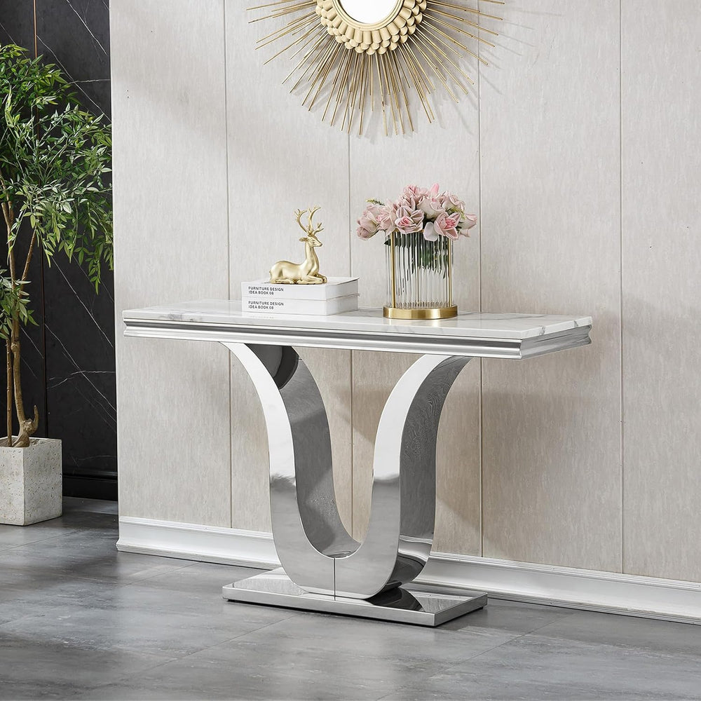 SSLine Modern White Faux Marble Console Table Luxury Entryway Table with Silv...