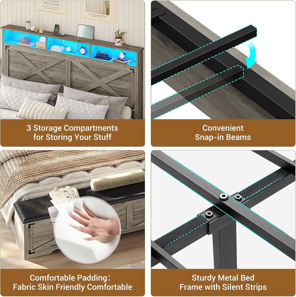 Queen Size Bed Frame with Storage Ottoman, Farmhouse Bed Frame with Charging ...