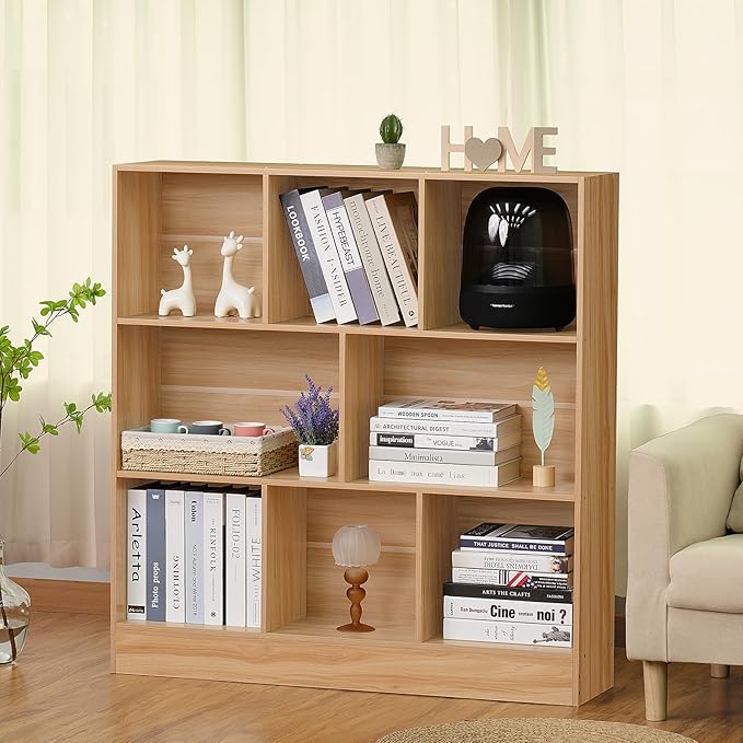 LEYAOYAO 8 Cube Bookshelf with Base,3 Tier Mid-Century Modern Natural Bookcas...