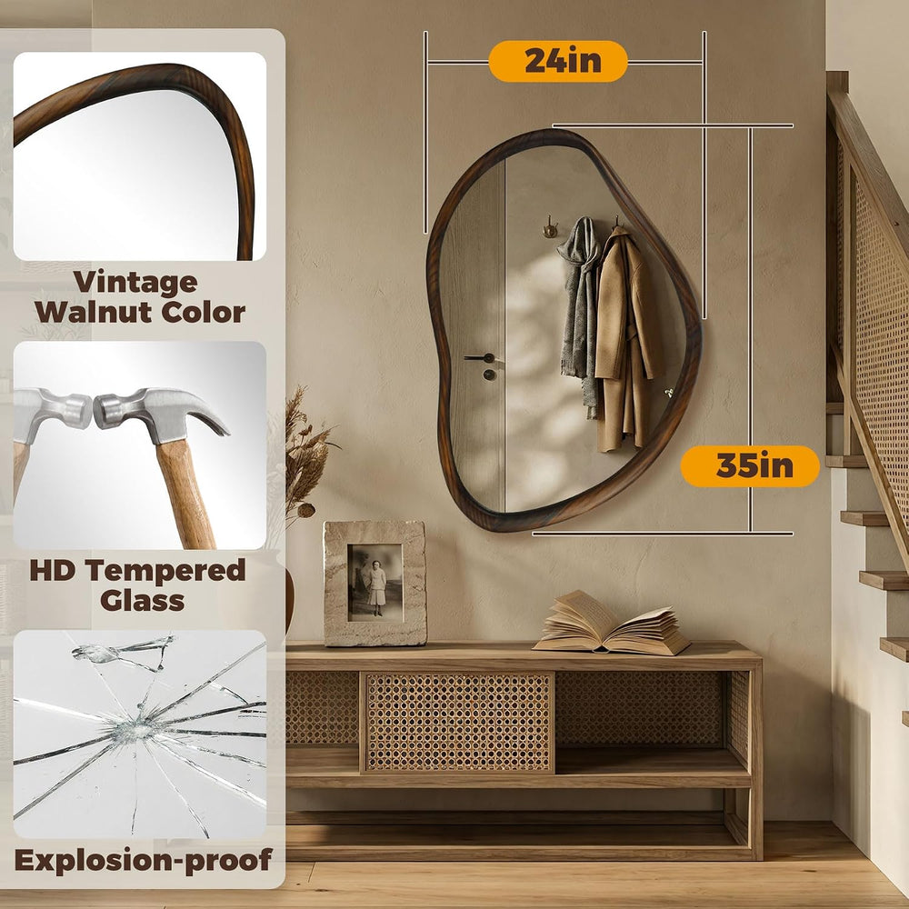 35"x24" Irregular Wood Asymmetrical Walnut Framed Mirror