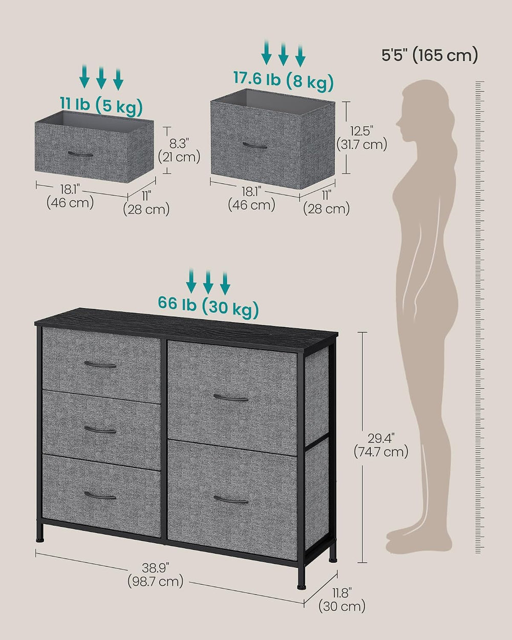 SONGMICS Dresser for Bedroom, Wide Dresser for Closet with 5 Fabric Drawers