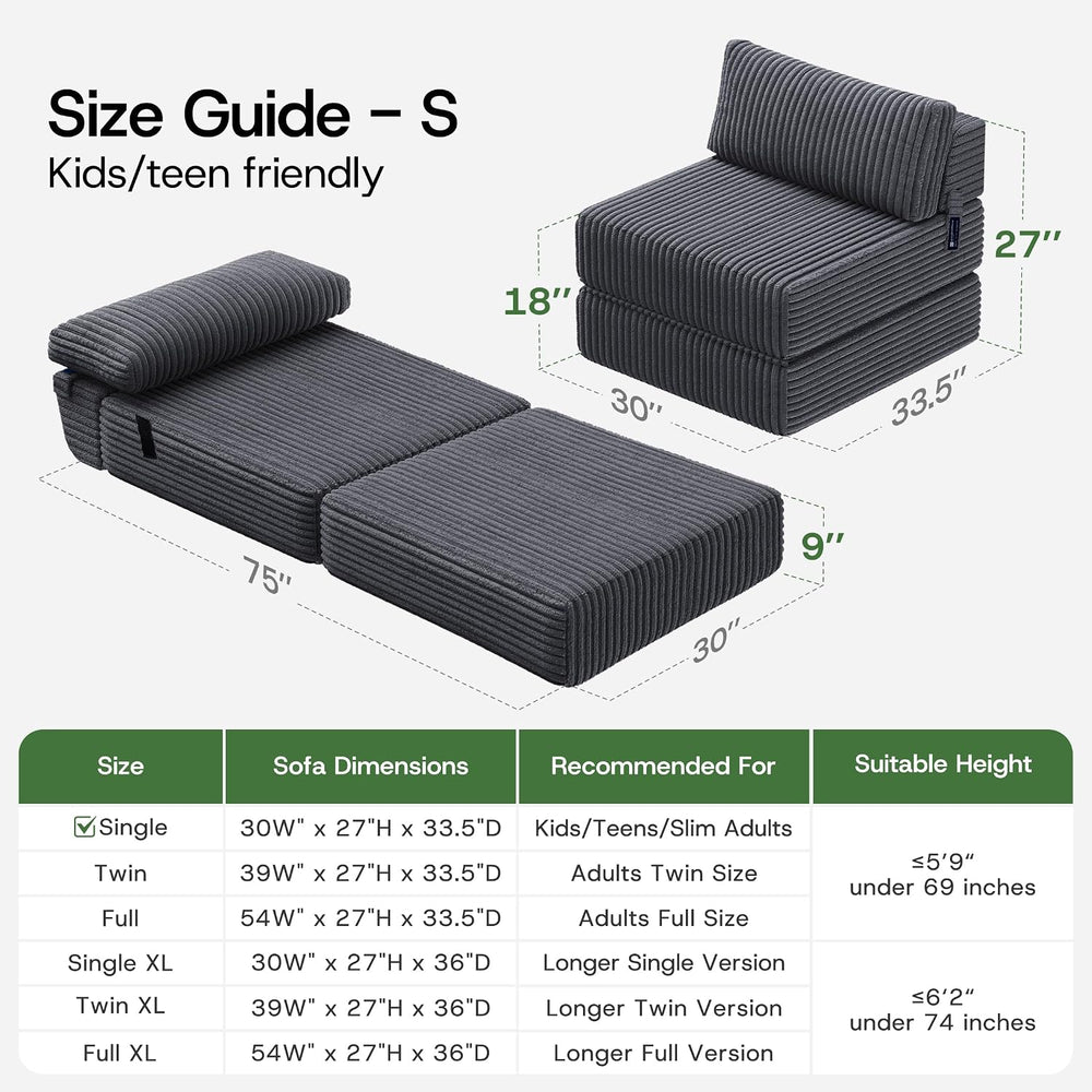 Folding Sofa Bed Convertible 4 in 1 Sleeper Chair Gray Single