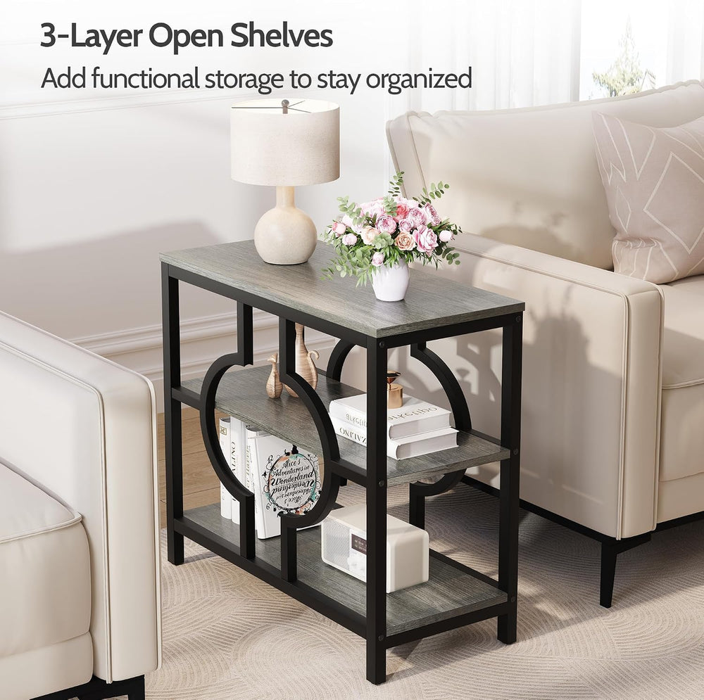 End Table Set of 2, Narrow Side Table with 3-Tier Storage Shelves, Wood Sofa ...