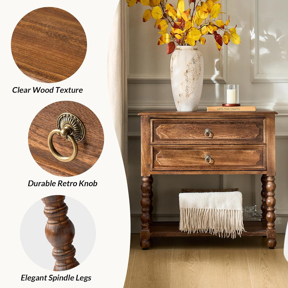 HULALA HOME Farmhouse Storage End Table Set of 2 with 2 Drawers and Open Shel...