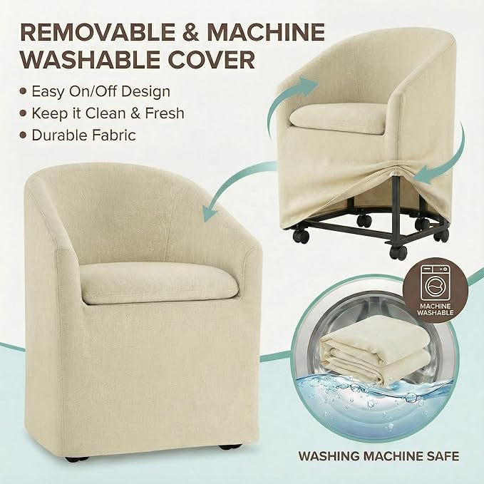 Upholstered Dining Chairs with Casters, Washable Cover Modern Dining Room Cha...