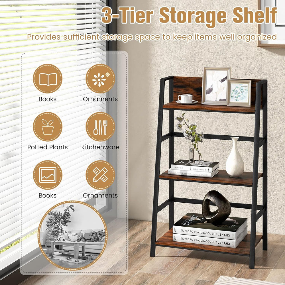 Tangkula 3-Tier Ladder Bookshelf, Industrial Wooden Bookcase w/Metal Frame, A...