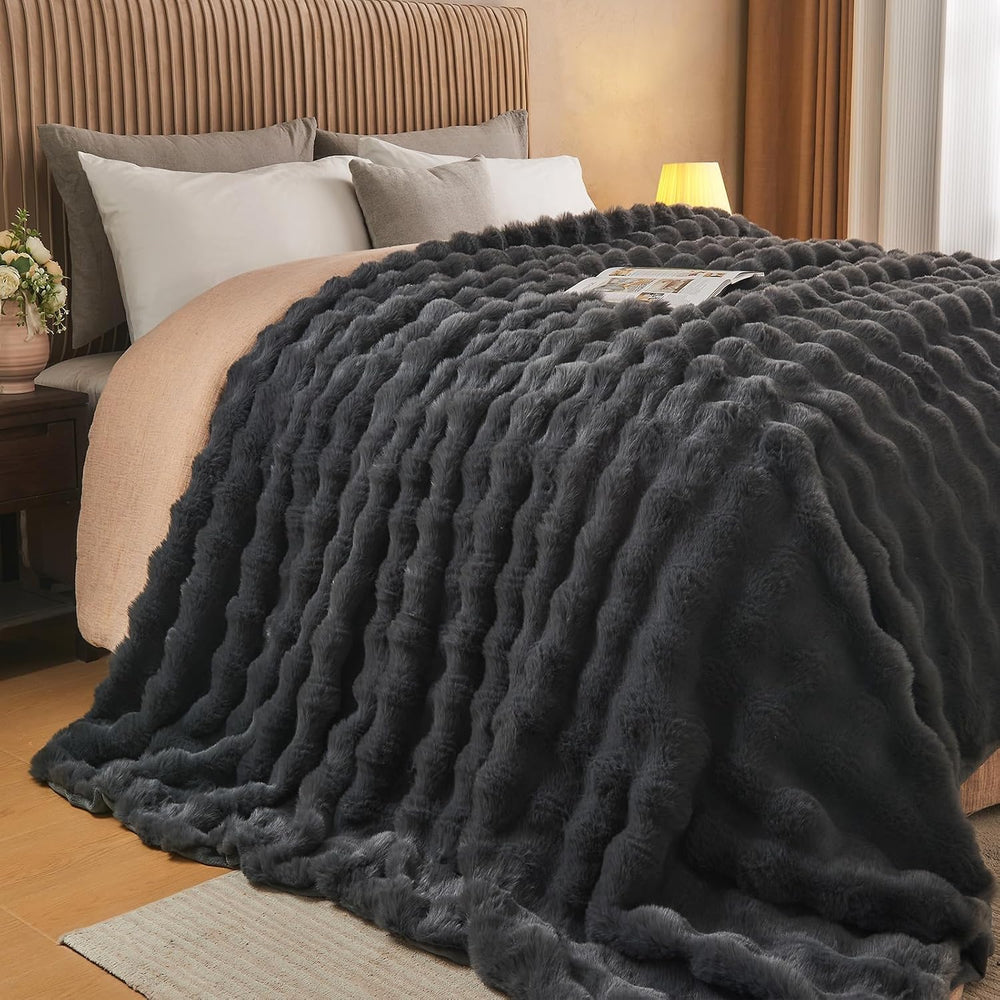 Lotus Karen Queen Size Faux Fur Blanket Dark Gray - Big Bubble Rabbit Fluff T...